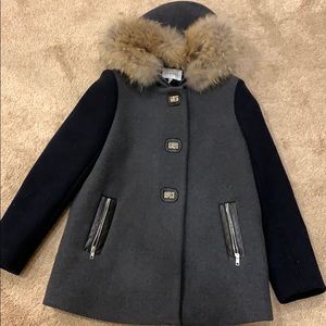 Sandro Gray and Black Coat with Fur Trim